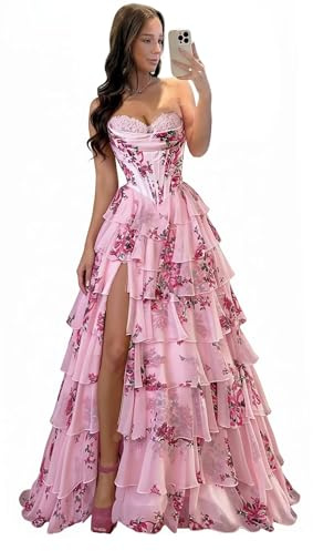 Misshow Robe de Bal Bustier Volants Fente Haute, Robe de Soirée Élégante Corset Structuré pour Bal de Promo Mariage Gala 38