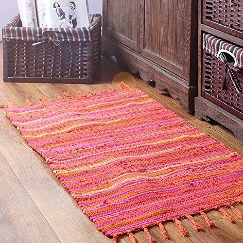 Chindi Tapis en tissu de coton réversible tissé à la main à rayures multicolores lavable en machine pour chambre à coucher, salon, cuisine et buanderie Orange 61 x 89 cm