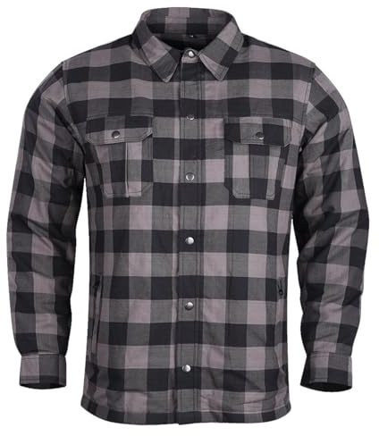 Mens Armored Checkered Flannel Biker Shirt, Multiple Waterproof Storage Pockets CE Approved Armor Reinforced Water Resistant (Grey, L)