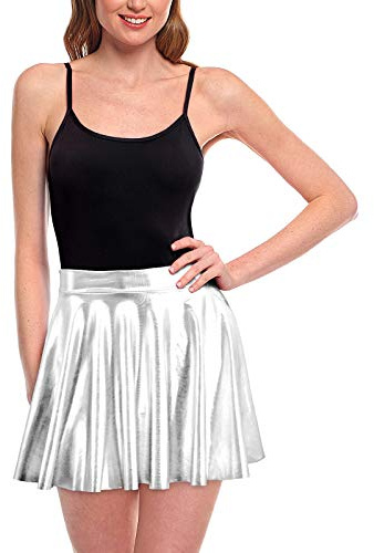 Faldas Mujer Cortas Plisada Plateada Metalizada Brillante [Falda Skater Patinaje]【Talla XXL】 Multifunción Disfraz Baile