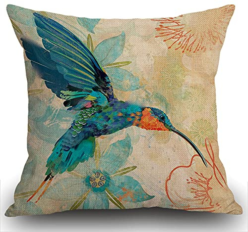 Smooffly Bird Cushion Cover Blue Orange Hummingbird Bird Teal Aqua Red Flowers Cotton Linen Throw Pillow Case 18 x 18 Inches Standard Square Decorative Pillow Cover for Sofa and Bed 45x45cm