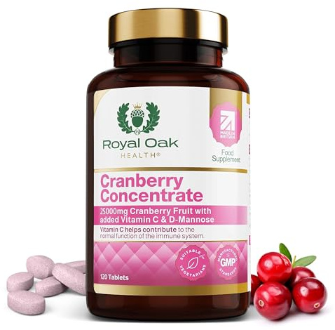 Premium Cranberry Concentrate 25,000mg with D-Mannose & Vitamin C |4 Month Supply x120 Tablets | Non-GMO, Gluten Free, Cranberries Fruit Extract Supplement for Women| UK Made by Royal Oak Health