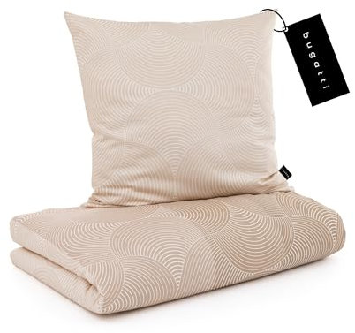 bugatti Bettwäsche 155x220 cm - 100% Baumwolle, Reißverschluss, anschmiegsam, weich & waschbar, Mako Satinbettwäsche Kreise grafisch beige