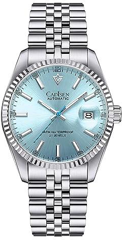 CADISEN Automatik Uhr Herren Mechanische Automatikuhr Saphirglas Und Edelstahlarmband Uhr… (8053 Light Blue)