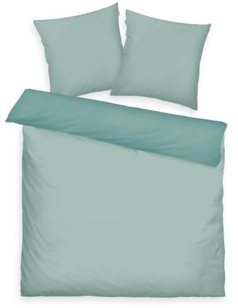TOM TAILOR Satin-Bettwäsche, 2*80x80 cm + 200x220 cm, 100% Baumwolle/Satin, mit Doppelnaht am Kissen, Wendemotiv und farbigem Markenreißverschluss, TWO-TONE SOLID COLORS Türkis (Fresh Sage)
