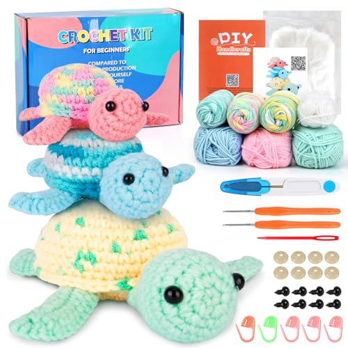 UXORSN Tiere Häkelset für Anfänger 3 Stück Schildkröte Häkel Set für Erwachsene Häckeln Stricken DIY Crochet Set für Geschenk Strickset mit Schritt für Schritt Video Anleitung Häkelnadeln Garn