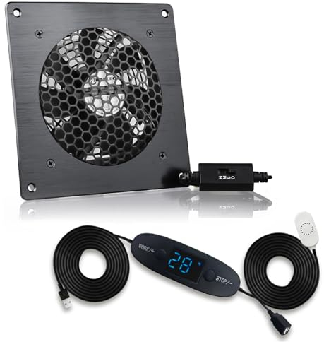 BRIEFCEC USB Lüfter 120mm,Digitalanzeige Temperaturregelung Leises Lüftersystem, 5V Lüfter, mit modernem Rahmen aus gebürstetem schwarzem Aluminium für Heimkino-AV-Schrank, Haustierhöhle (1 Stück)