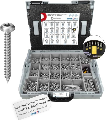 FRANTOS Spanplattenschrauben Panhead TX Sortiment in L-Boxx - Edelstahl A2 I 2346 tlg. + Torx Bit-Sortiment Felo I Holzschrauben Schraubensortiment Set