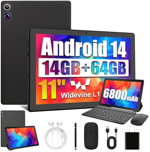Ainmel Android 15 Tablet 11 Inch - Android Tablet with Keyboard 24GB 1TB Expand, Octa-Core Tablets 6800mAh, Widevine L1, WiFi 6, Face Unlock 2 in 1 tablet with Mouse, Case, Charger (Black)