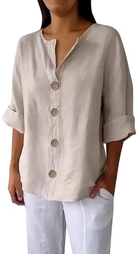 Camicia in lino da donna, estiva, oversize, in lino, da donna, a maniche lunghe, in cotone, a maniche lunghe, elegante camicetta estiva, leggera e traspirante, a maniche lunghe, elegante, beige., m