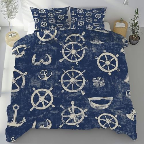 Tyafsgvqo Seemann Anker Ruder Bettbezug 200x220 cm, Nautische Thema Bettwäsche Set Weich Bügelfrei, Vintage Maritim Bettwäsche 3 Teilig, Mikrofaser Wendebettwäsche mit 2 Kissenbezug 80x80 cm