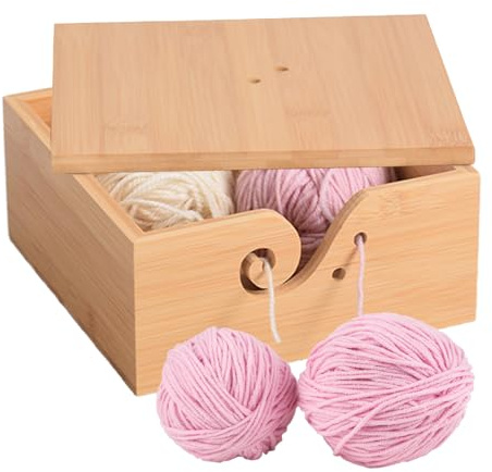 Joyeee Crochet Yarn Bowl with Lid, Large Bamboo Square Yarn Holder Bowl Gifts for Hand Knitting & Crochet Enthusiasts, Knitters Crochet Knit Storage, Stops Yarn from Tangling 7.1 x 7.1 x 3.5