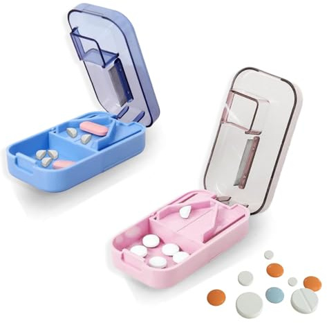 2Pcs Pill Cutter, 2-in-1 Professional Pill Cutter and Box, 1/2 1/4 1/8 Precises Tablet Cutters, with V-Shaped Holder for Small and Large Pills, Pill Splitter