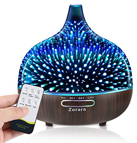 Essential Oil Diffuser 550ml Cool Mist Humidifier 3D Glass Ultrasonic Aromatherapy Humidifier with 7 Color Changing Led Lights, Waterless Auto Shut-Off, Adjustable Timer for Home Bedroom Office