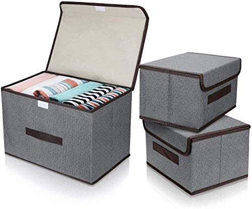 DIMJ 3Pack Fabric Storage Boxes with Lids – Multiple Size Organiser Boxes for Clothes, Bedding, Toys, Collapsible Storage Cubes with Handle, Magic Seal, Cardboard Base, 38× 24×24/27×19×15 cm, Grey