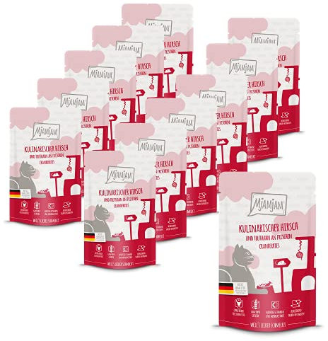 MjAMjAM - Premium Nassfutter für Katzen - Quetschie - kulinarischer Hirsch und Truthahn an frischen Cranberries, 12er Pack (12 x 125 g), getreidefrei mit extra viel Fleisch