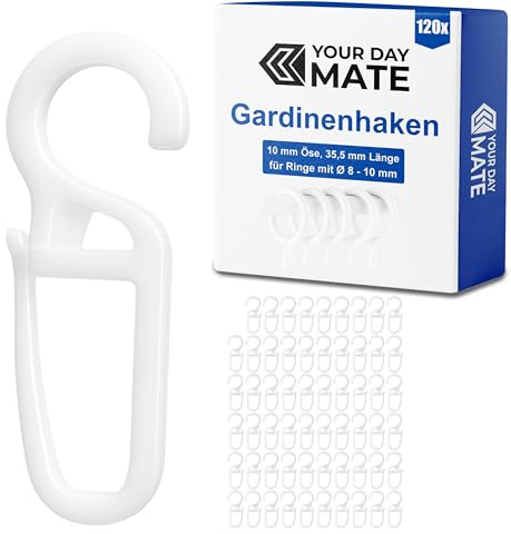 60 x Crochets à Rideaux avec œillets de 10 mm, Utilisables pour Anneaux à Rideaux Jusqu'à Ø 10 mm, pour Rails et Tringles à banne, Accessoires pour courtine, Crochets à Clapser, Curtain Hooks, Blanc