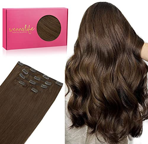 WENNALIFE Clip in Extensions Echthaar, 75g 5pcs 35cm Schokoladenbraun Extensions Clip in Remy Clip in Extensions Natürliche Haarverlängerung Echthaar