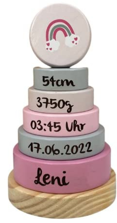 KIDSLINO Regalo de nacimiento Torre apilable arco iris rosa I Regalo de nacimiento I Grabado I Torre apilable con nombres y fechas de nacimiento I Regalos personalizados para bebés