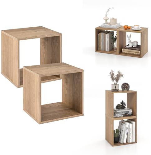 Giantex 2 Cube Bookshelf Organizer, 2-Tier Stackable Cube Storage Organizer, Small Wooden Open Book Shelf with Anti-toppling Device, Wood Floor Standing Display Shelving Bookcase, Natural