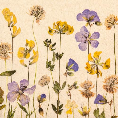 HOME FASHION Serviette Pressed Flowers 20 Stk 33x33 cm Papier Frühjahr Dekoration einseitig bedruckt farbige Rückseite halbes Motiv ideal für Serviettentechnik und Decoupage Möbelgestaltung