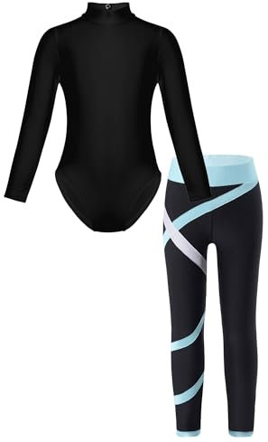 MSemis Mädchen Sport Tanz Kleidung Set Lange Ärmel Tanzbody Leotard mit Colorblock Leggings Gymnastik Eiskunstlauf Anzug Trainingsanzug Gr.110-164 Hellblau 146-152