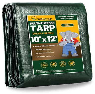 SUNLITAP 10x12Ft Tarp Cover 5 MIL Waterproof Poly Tarps, Light Duty Tarpaulin with Grommets, Reinforced Edges, Rip & Tear Proof, Multipurpose Finished Size Tarp for Cars, Boat, Roof, Camping - Green