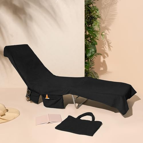 Brentfords Sun Lounger Towels with Pockets, Large Beach Towel in a Bag Sun Lounger Holiday Accessories Swimming Poolside Summer Essentials Sunbed Towel, Black - 215cm x 75cm