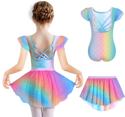 Arshiner Vêtements De Ballet Enfants Robe De Danse D'été Sirène Coton Robe Danse Justaucorps Ballet à Manches Courtes Filles Costume De Danse avec Jupe Tutu 4-5 Ans