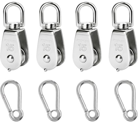 Jortmrd 4 Pezzi M15 Puleggia Carrucola in Acciaio Inox Puleggia Singola Carrucola per Sollevamento con 4 M4 Moschettone per Corda di Sollevamento Cavo Corda, Capacità di Carico 35 Kg (Argento)