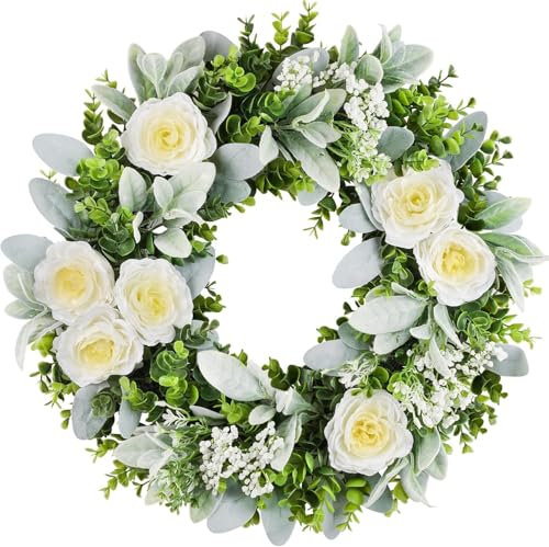 COLORSPEC Rosenkranz Künstlicher Türkranz – Sommerkranz für Haustür mit weißen Rosen, 50 cm / 20 Zoll Buchsbaum und Eukalyptus, für Innen- und Außendekoration, Landhausstil, Hochzeit Dekoration