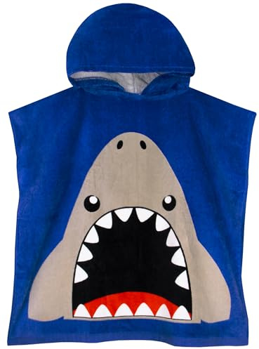 Harry Bear Boys Towel Poncho, Shark Hooded Towels For Kids, Cotton Kids Beach Towel and Swimming Towels, One Size, Blue
