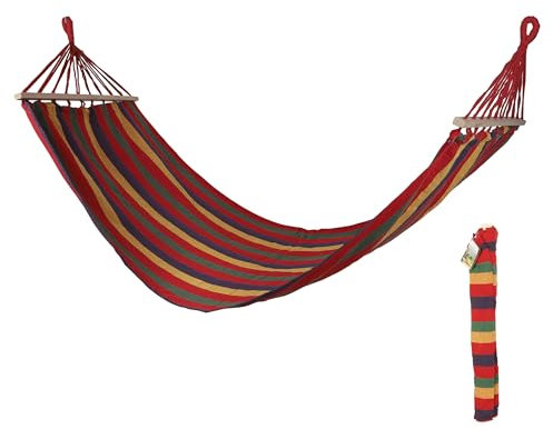 Hängematte mit Holzstange für 1 Person - strapazierfähiges Baumwoll-Mischgewebe - 200 x 80 cm - Hängematte für den Garten - Stabhängematte Farbe Rot/Gelb