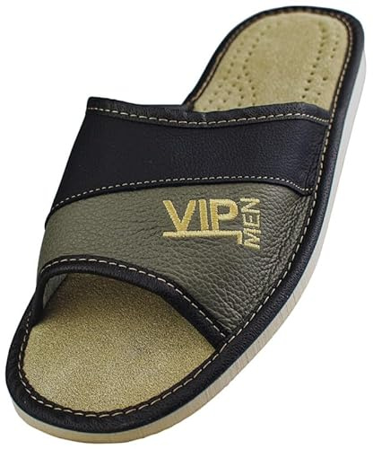 APREGGIO Pantuflas de cuero para hombre Zapatillas para hombre 40/46 | Suela de goma antideslizante, tacón plano, transpirables, Slip-On, hechas a mano