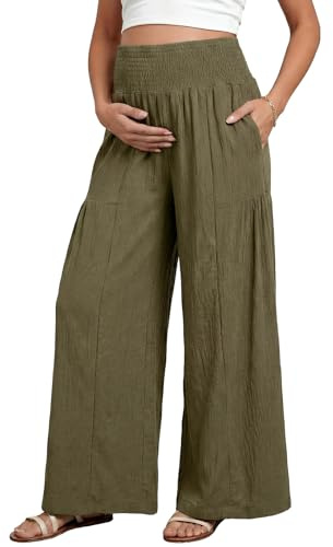 BLENCOT Women's Maternity Pajama Pants Summer Casual Boho High Waisted Smocked Wide Leg Palazzo Pants Green X-Large