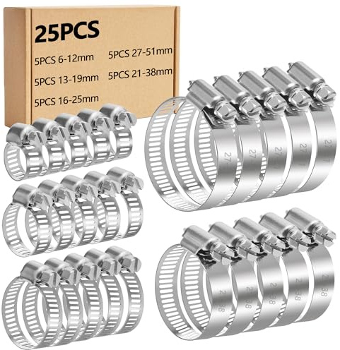 YEYIT 25 Pezzi Fascette Stringitubo, Fascette Stringitubo Regolabile 6-51mm,Fascette Metalliche 5 Dimensioni per Tubo d'acqua, Tubo Automobilistico 6-12/13-19/16-25/21-38/27-51mm