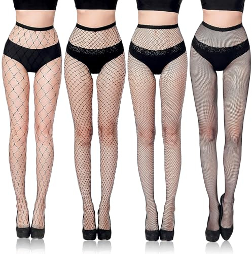 Zoriena 4 Pares de Medias de Rejilla para Mujer, Pantimedias de Malla Elásticas de Cintura Alta, Fishnet Tights Negras, Talla Única, Medias de Red para Uso Diario y Fiesta