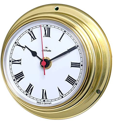 DELITE Altitude Wanduhr aus poliertem Messing, weißes Zifferblatt, römische Ziffern, Durchmesser 125 mm