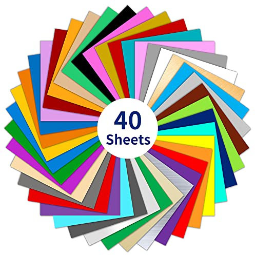 IModeur Vinyl-Blätter mit permanenter selbstklebender Rückseite (40 Packungen, 30,5 x 30,5 cm) – 40 verschiedene glänzende Farben, selbstklebende Vinylfolien für alle Arten von Schneidemaschinen
