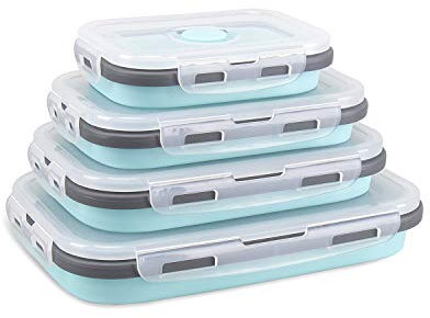 DUBENS Silikon Faltbare Frischhaltedosen 4 TLG, faltbar, für Lebensmittel Aufbewahren, Einfrieren und Erwärmen, Lunchbox/Bento, mikrowellen, spülmaschinen, gefrierschrank, ofenfest (Blau)