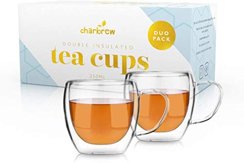 Charbrew 2 Pack (250ml/8.5 fl. oz x4) Double Walled Thermo Insulated Tea Glass Cups - Lightweight, Easy to Clean, Heat Resistant, Insulating Borosilicate Cups for Coffee (Cappuccino, Latte) and Tea