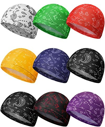 Jeere 9 Pcs Cooling Skull Cap Camo Liner Sweat Wicking Lightweight Cycling Cap Running hat for Men Women(Mixed,Paisley)