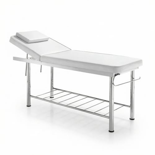 KEOPALIA Lettino Massaggio Per Estetista Professionale + Foro Viso e Cuscino, Struttura Acciaio INDISTRUTTIBILE, PESO MAX: 200kg, Schienale Regolabile, Ecopelle Bianca, Ripiano e Portarotolo
