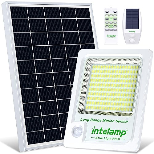 INTELAMP Faro Led Esterno Con Pannello Solare, 12000mAh Fari Solari a Led da Esterno 6000K Impermeabile Lampione Solare Esterno con Telecomando e Sensore,Funzione timer