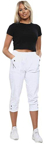 Black Berry CherryBerry Women Ladies Elasticated Cotton Stretch Capri Cropped 3/4 Trousers UK 10-22 Size (622-WHITE-T5-UK 16)