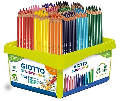 Giotto Stilnovo Maxi, Matite Colorate Spesse, Formato Triangolare, Mina da 4,3mm, Schoolpack in materiale rigenerato al 50%, Colori Assortiti, 144 Pezzi