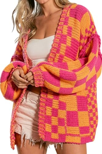 SELINK Women's Cardigan Sweater Vintage Open Front Mixed Checkered Pattern Chunky Knit Plaid Long Sleeve Daily Outwear, Multicolor, L