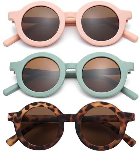 DIMENSIP Toddler Sunglasses for Girls Boys - Kids Round UV400 Protection Glasses Age 2-8(Pink/Brown + Green/Brown + Leopard/Brown)