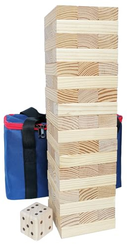 Jac & Mok Tumble Tower Juego de bloques de madera con bolsa de transporte (54 unidades de torre grande con cubos)
