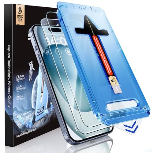 MAGIC JOHN Protector Pantalla para iPhone 15, Cristal Templado 9H, Marco Instalación Fácil, Auto-Alineación, Sin Burbujas, Antiarañazos, HD Transparente, 2 Piezas